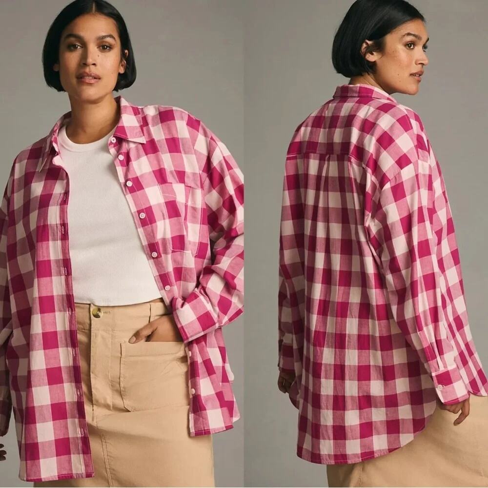 Maeve Anthropologie Bennet Button Down Shirt Oversized Buffalo Plaid Pink Sz M